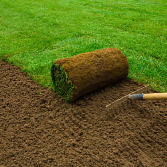 A roll of fresh green sod partially unrolled onto prepared dark brown soil, with a garden rake resting on the dirt nearby.